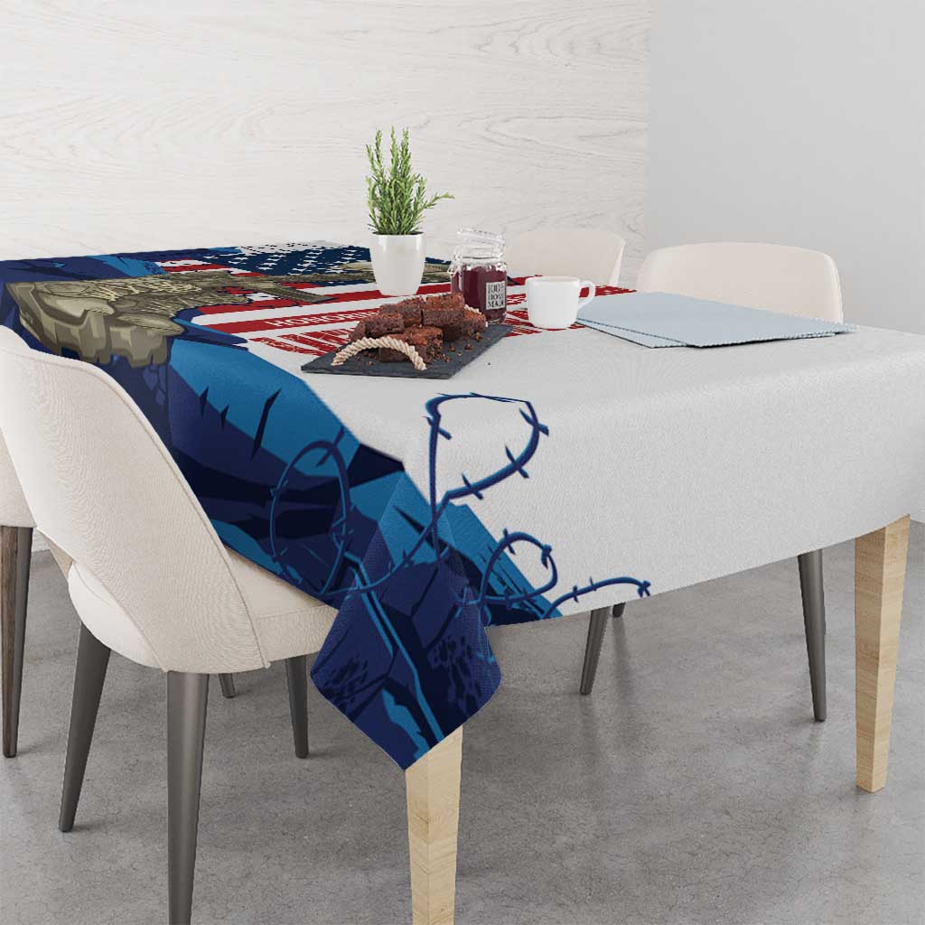White tablecloth with blue patriotic silhouette, U.S. flag, and rifle graphic on dining set
