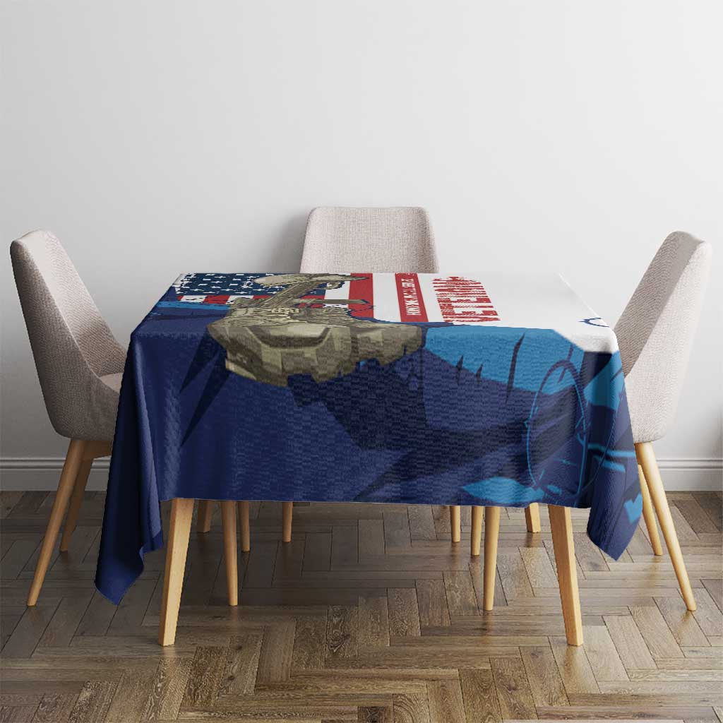 White tablecloth with blue and red patriotic service graphic on dining table