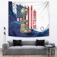 Veterans Day tapestry featuring rifle and boots over US flag with vertical red text