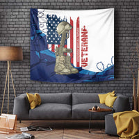 Veterans Day tapestry with rifle, boots, US flag, and 'HONORING WHO ALL SERVED' text