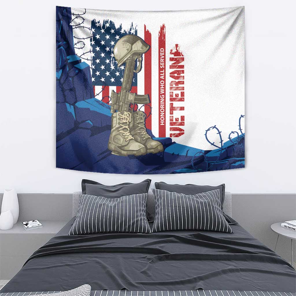 Veterans Day tapestry with US flag, rifle, and soldier boots in blue and red