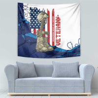 Veterans Day tapestry with rifle, soldier boots, US flag, and barbed wire