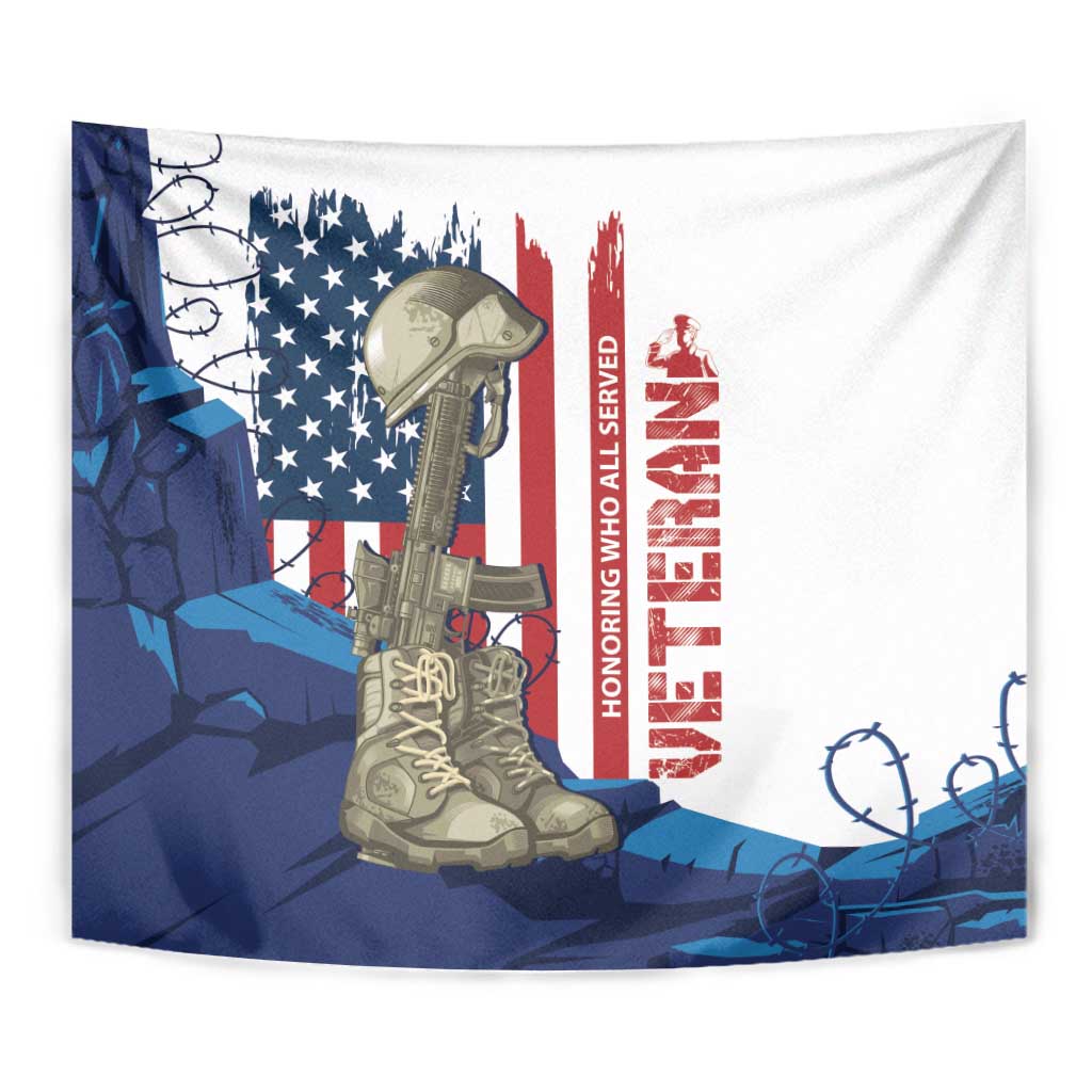 Veterans Day tapestry with US flag, soldier boots, and barbed wire graphics