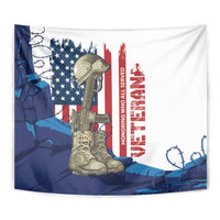 Veterans Day tapestry with US flag, soldier boots, and barbed wire graphics