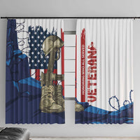 Patriotic veteran window curtain with blue flag, red stripe, soldier boots, and Honor text