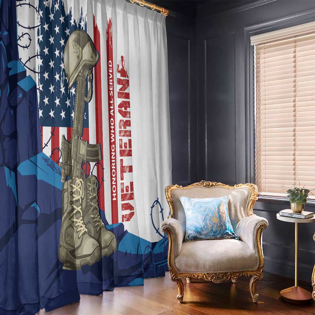 Patriotic veteran window curtain featuring flag graphics, soldier boots, and vertical Honor message