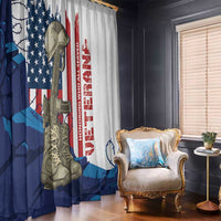 Patriotic veteran window curtain featuring flag graphics, soldier boots, and vertical Honor message