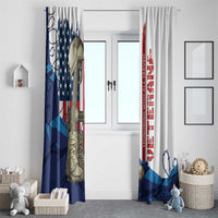 Patriotic veteran window curtain with soldier boot artwork, blue wave pattern, and Honor text