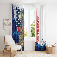 Patriotic veteran window curtain with flag and boots print and red 'Honoring Who Served' stripe