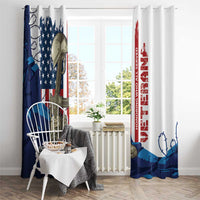Patriotic veteran window curtain with blue flag section, soldier boots, and red Honor message