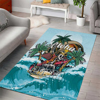 Blue tropical area rug featuring pirate skull on surfboard, palms, and ocean waves