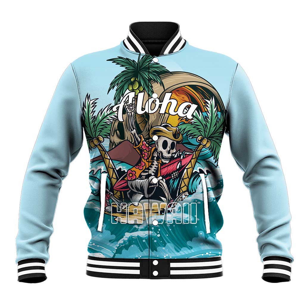 Light blue baseball jacket with ribbed striped collar and front skeleton palm graphic