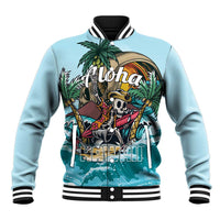 Light blue baseball jacket with ribbed striped collar and front skeleton palm graphic