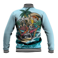 Light blue baseball jacket with striped ribbed cuffs and back skeleton surf graphic