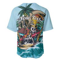 Light blue baseball jersey with back 'Your Text', aloha skeleton and palm leaves