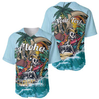 Two light blue baseball jerseys: front 'Aloha' and back skeleton palm wave print