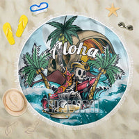 Blue round beach blanket with fringed edge, aloha palm skull pirate graphic