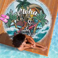 Round beach blanket with fringed edge, aloha palm skull pirate design, top view