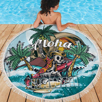 Round fringed beach blanket featuring aloha palm skull and pirate graphic, on deck