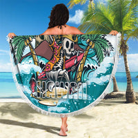 Round beach blanket with fringed edge, aloha palm skull pirate print held up