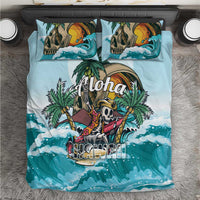 Blue tropical bedding set with skull surfer graphic, wave pattern and matching pillowcases