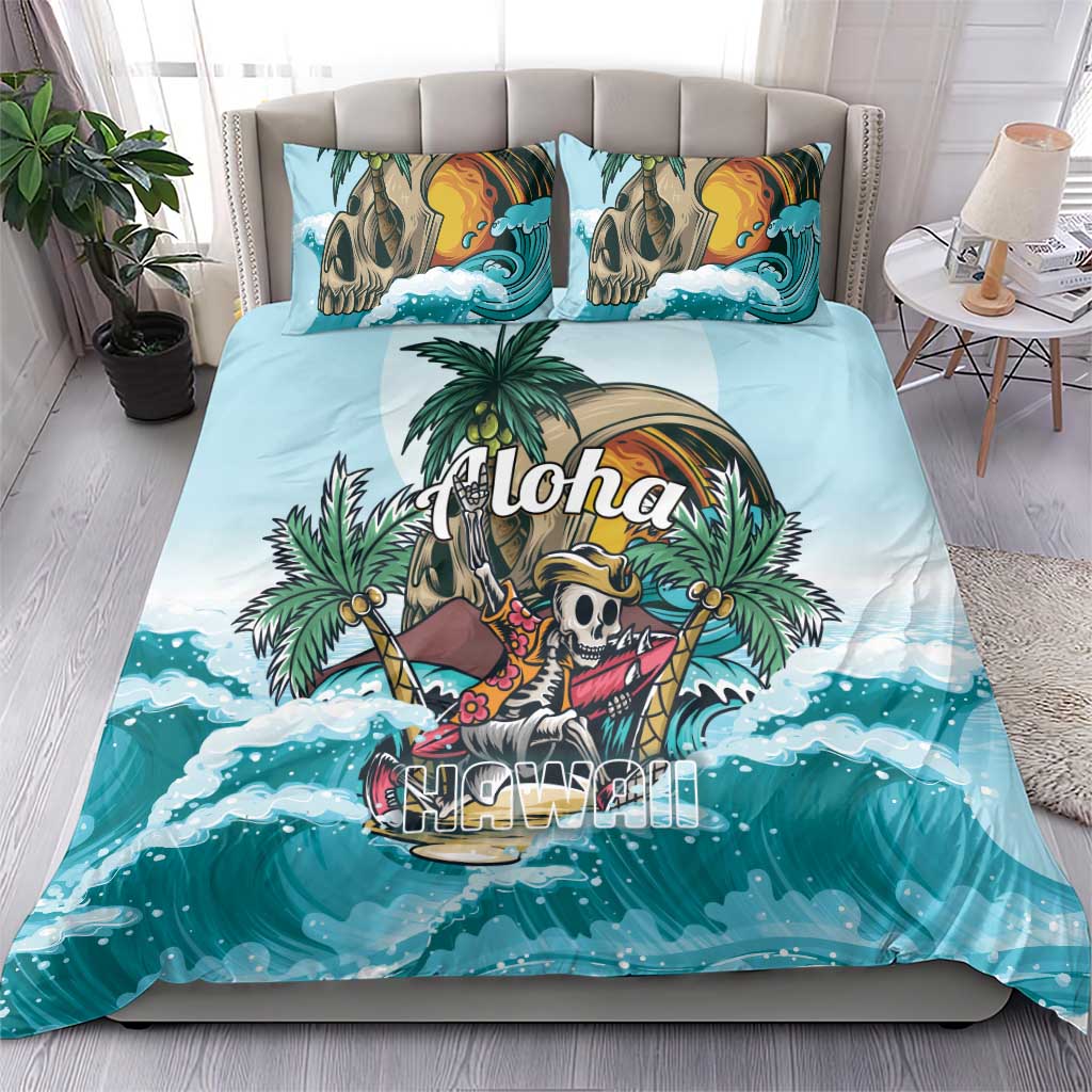 Blue tropical bedding set with duvet cover and pillowcases, skull surfer artwork over waves