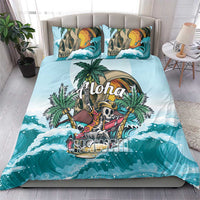 Blue tropical bedding set with duvet cover and pillowcases, skull surfer artwork over waves