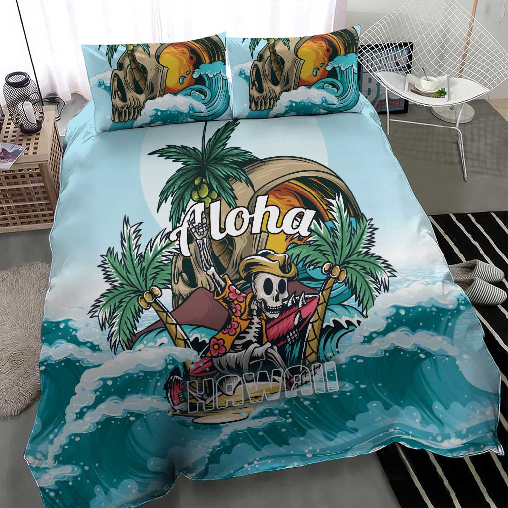 Blue tropical duvet cover and pillowcases with skull surfer design and white wave highlights