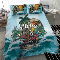 Blue tropical duvet cover and pillowcases with skull surfer design and white wave highlights