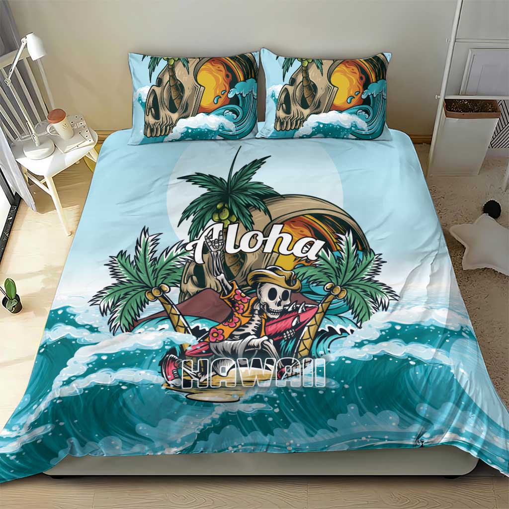 Tropical duvet and two pillowcases in blue with skull surfer and palm leaf artwork
