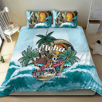 Tropical duvet and two pillowcases in blue with skull surfer and palm leaf artwork
