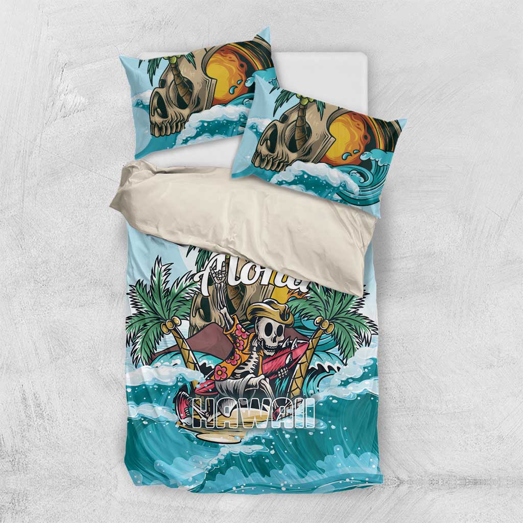 Blue tropical bedding set with duvet cover and two pillowcases featuring skull surfer scene