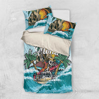 Blue tropical bedding set with duvet cover and two pillowcases featuring skull surfer scene