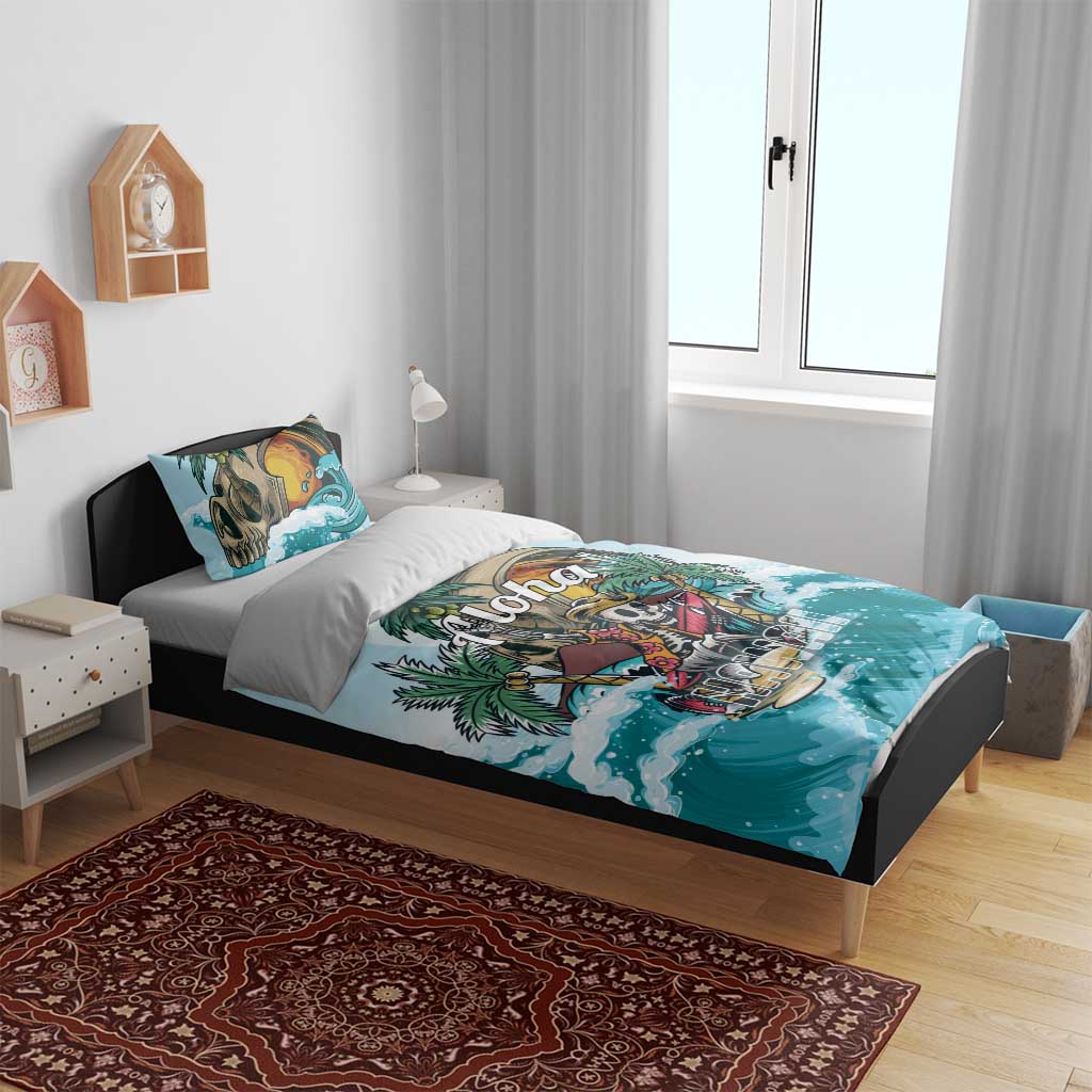 Tropical duvet cover and pillowcases on a bed, blue wave and skull surfer print