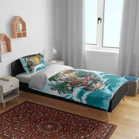 Tropical duvet cover and pillowcases on a bed, blue wave and skull surfer print
