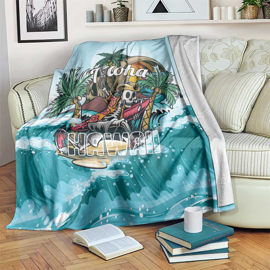 Blue tropical skeleton throw blanket with palm trees, 'Aloha' and wave pattern