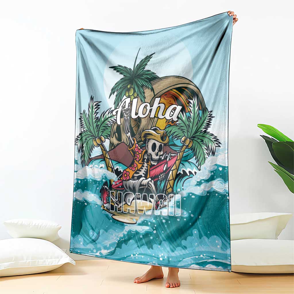 Blue tropical skeleton blanket hanging display with palm tree and 'Aloha' text