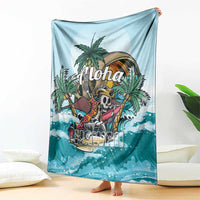 Blue tropical skeleton blanket hanging display with palm tree and 'Aloha' text