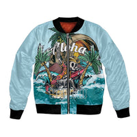 Light blue unisex bomber jacket with black ribbed trim, full-zip, skeleton beach graphic