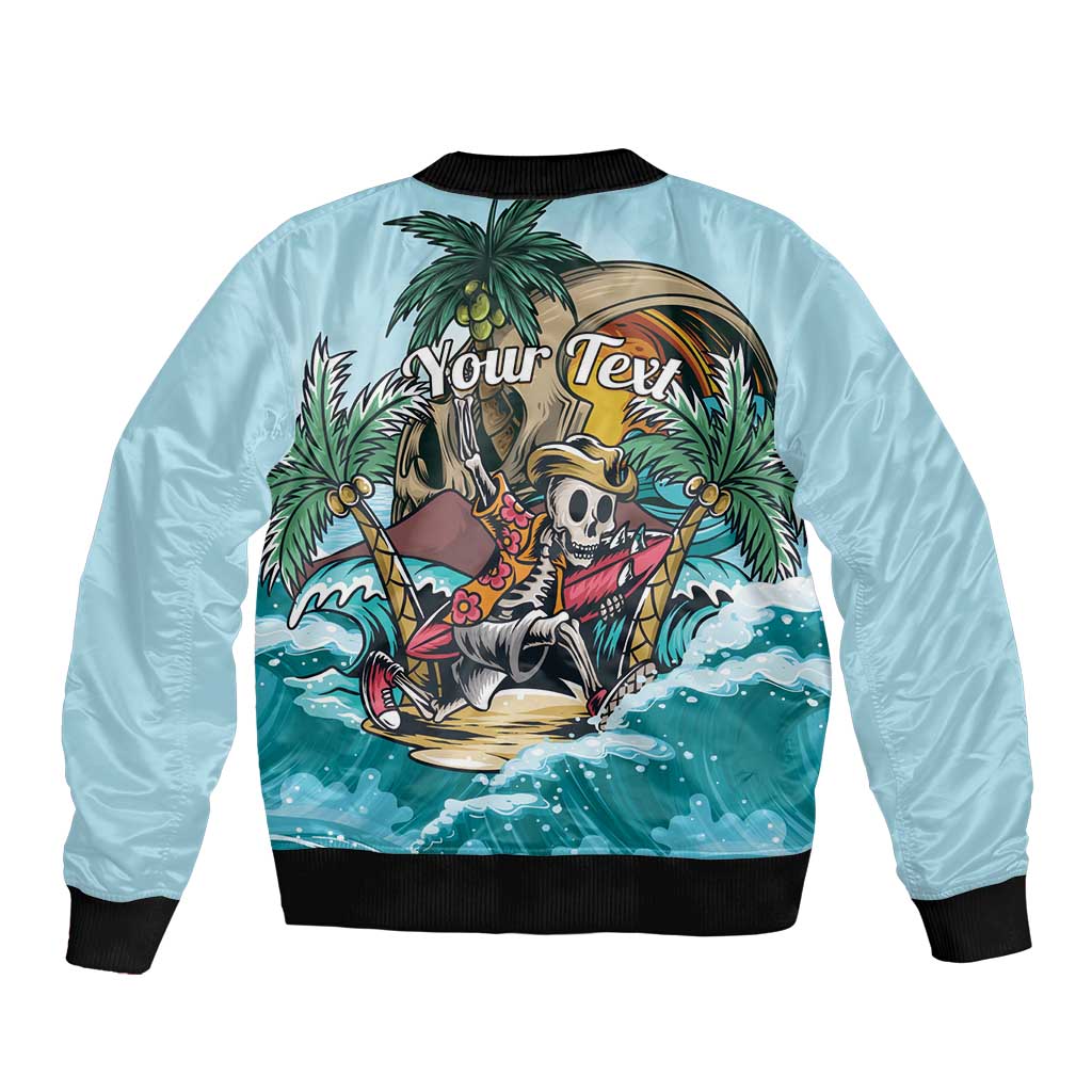 Light blue unisex bomber jacket, black ribbed cuffs and hem, back skeleton surf graphic