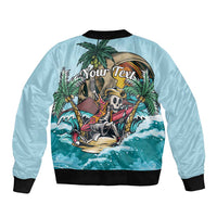 Light blue unisex bomber jacket, black ribbed cuffs and hem, back skeleton surf graphic