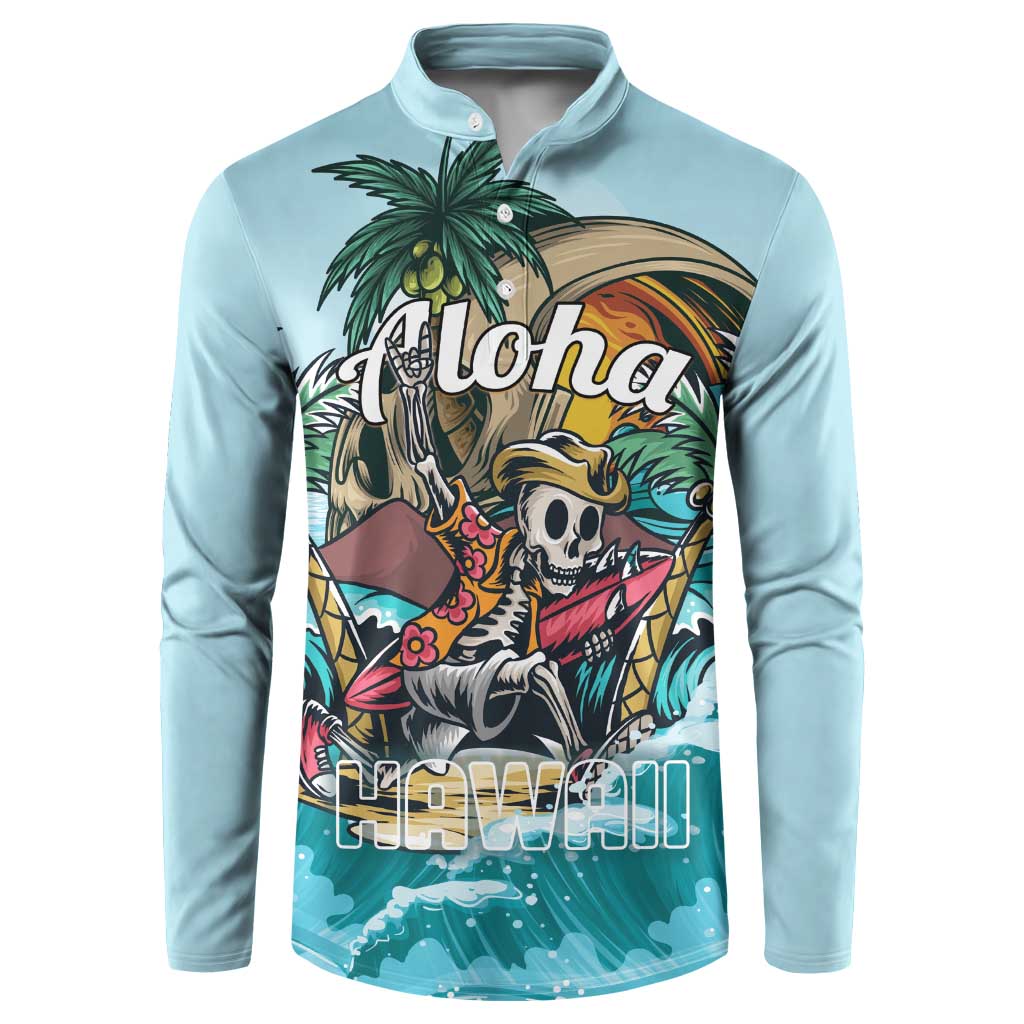 Light blue long-sleeve pullover sweatshirt with Aloha skull surfer graphic