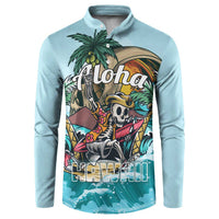Light blue long-sleeve pullover sweatshirt with Aloha skull surfer graphic