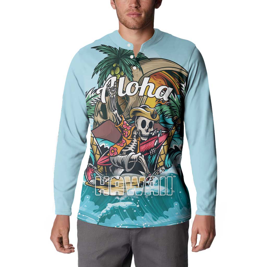 Light blue long-sleeve pullover sweatshirt with Aloha skull surfer Hawaii graphic