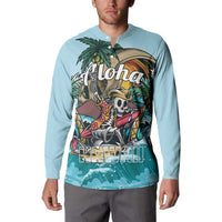 Light blue long-sleeve pullover sweatshirt with Aloha skull surfer Hawaii graphic