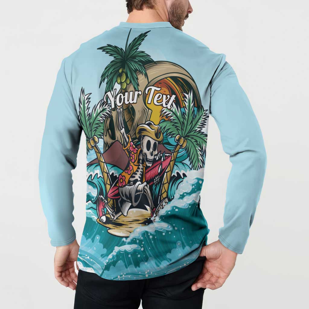 Light blue pullover sweatshirt back view with Aloha skull surfer and Your Text