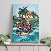 Framed blue tropical skull 'Aloha' canvas wall art with palm tree and teal ocean waves.