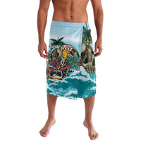 Men's tropical swim shorts in blue teal with skull and ocean print