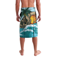 Men's tropical swim shorts, front view, green palm skull with orange moon