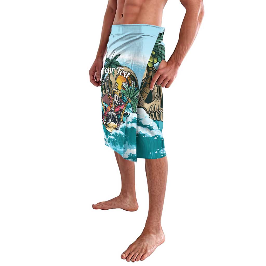 Men's tropical swim shorts, side view, blue teal skull and wave graphic